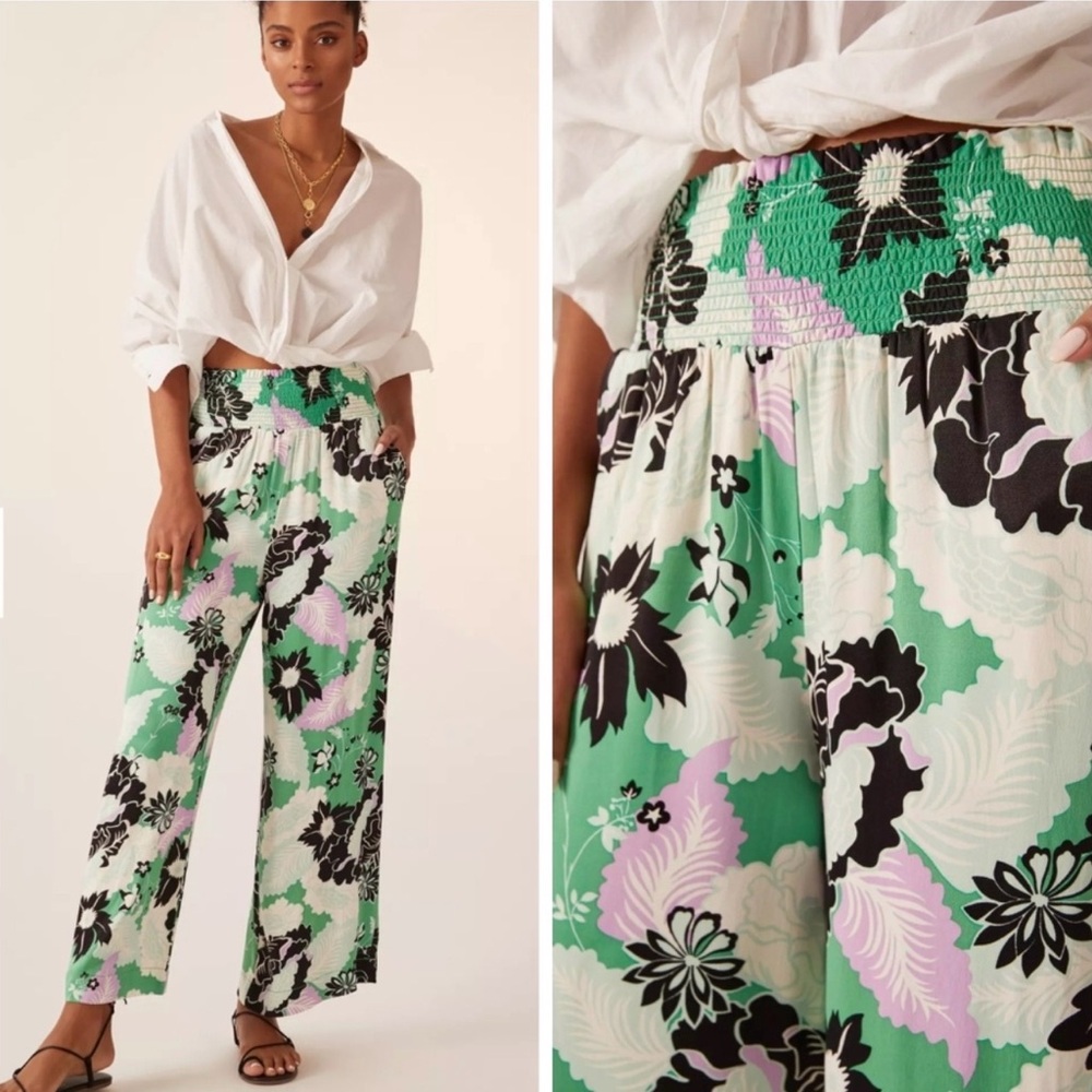 Anthropologie Green Floral Wide-Leg Pants